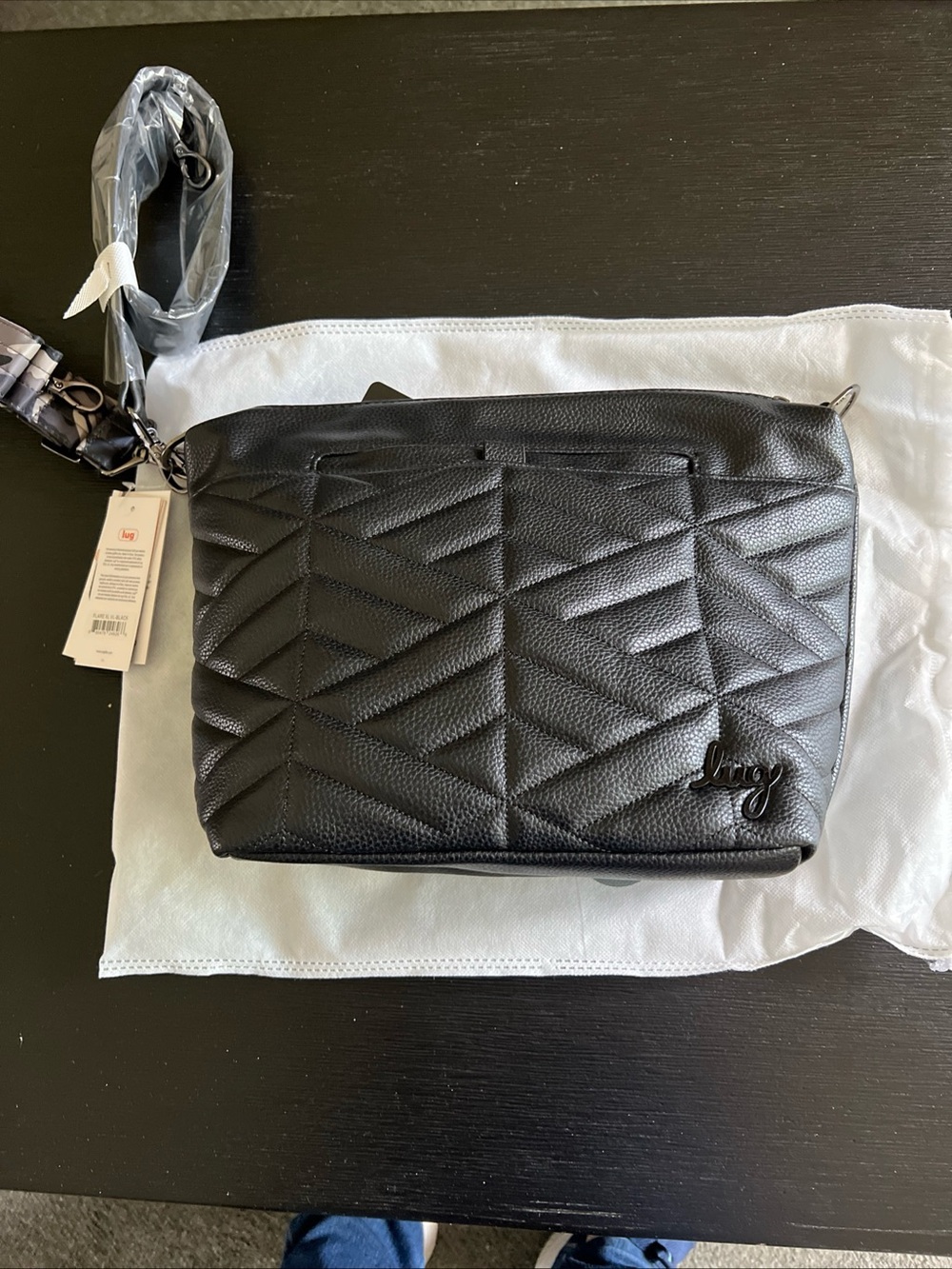 lug Black Quilted Crossbody with Textured Geometric Stitching